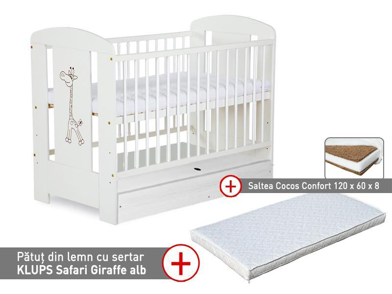 Patut cu sertar KLUPS Safari Giraffe Alb + Saltea 8 Confort