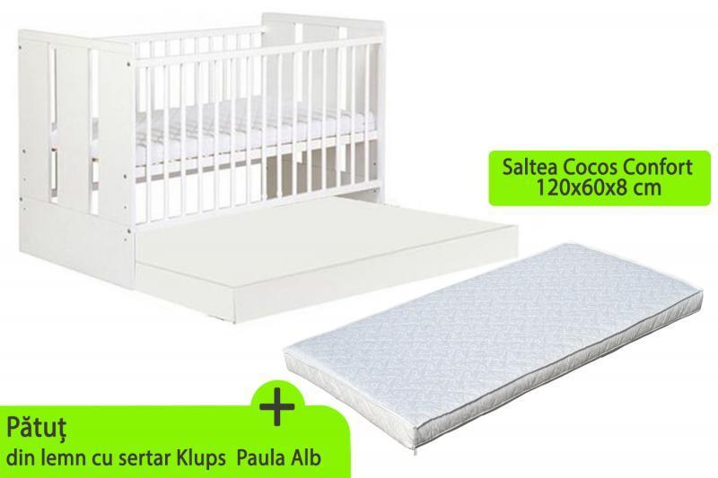 Patut cu sertar KLUPS Paula Alb + Saltea 8 MyKids