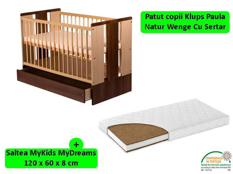 Patut cu sertar Klups Paula Natur Wenge + Saltea 8 MyKids MyDreams
