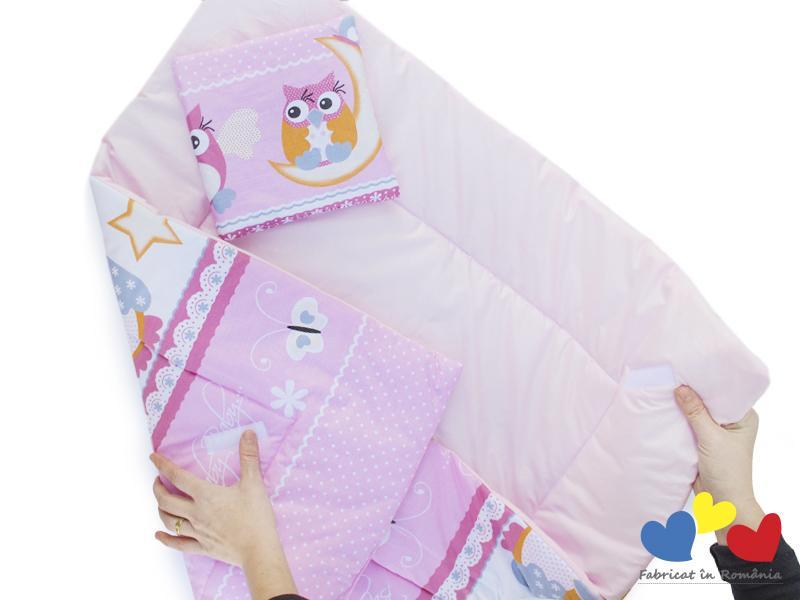 Perna infasat bebe MyKids cu pernita CADOU Bufnita Roz