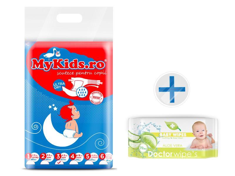 Scutece Copii MyKids New Midi 3 (4-9 Kg ) 62 Buc Cadou Servetele Umede Dr. Wipes Aloe Fara Capac