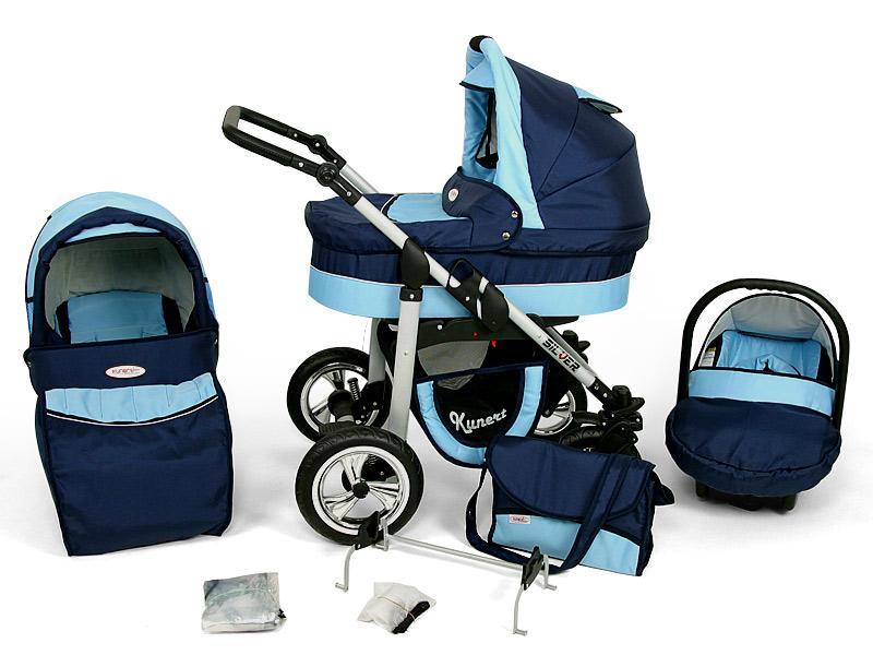 Carucior Copii 3 In 1 Kunert Silver Albastru Deschis Albastru Inchis