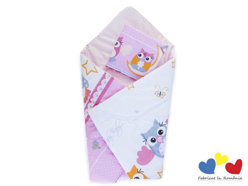 Perna infasat bebe MyKids cu pernita CADOU Bufnita Roz