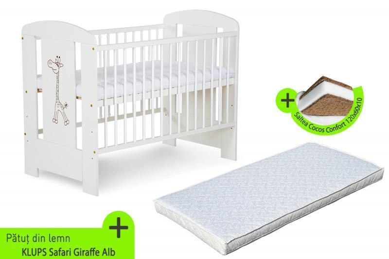 Patut KLUPS Safari Giraffe Alb + Saltea 10 Confort