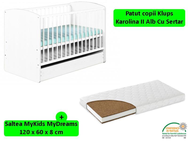 Patut cu sertar Klups Karolina II Alb + Saltea 8 MyKids MyDreams