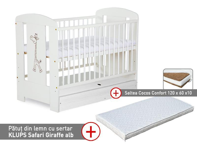 Patut cu sertar KLUPS Safari Giraffe Alb + Saltea 10 Confort