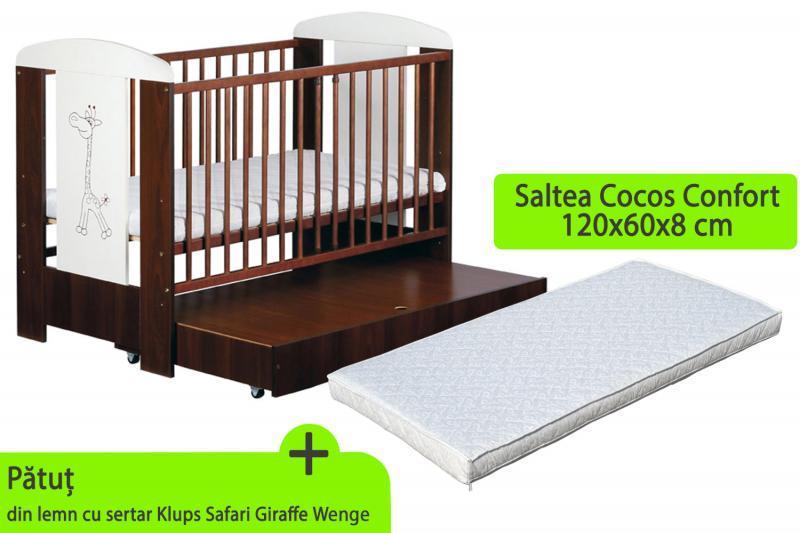 Patut cu sertar KLUPS Safari Giraffe Wenge + Saltea 8 Confort