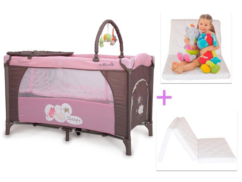 Patut Voiaj Copii Moni Sleepy Roz-Gri + Saltea Pliabila MyKids Burete Cocos