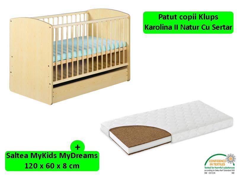 Patut cu sertar Klups Karolina II Natur + Saltea 8 MyKids MyDreams