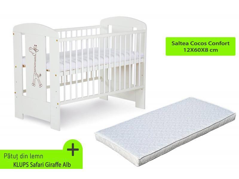 Patut fara sertar KLUPS Safari Giraffe Alb + Saltea 8 Cocos Confort