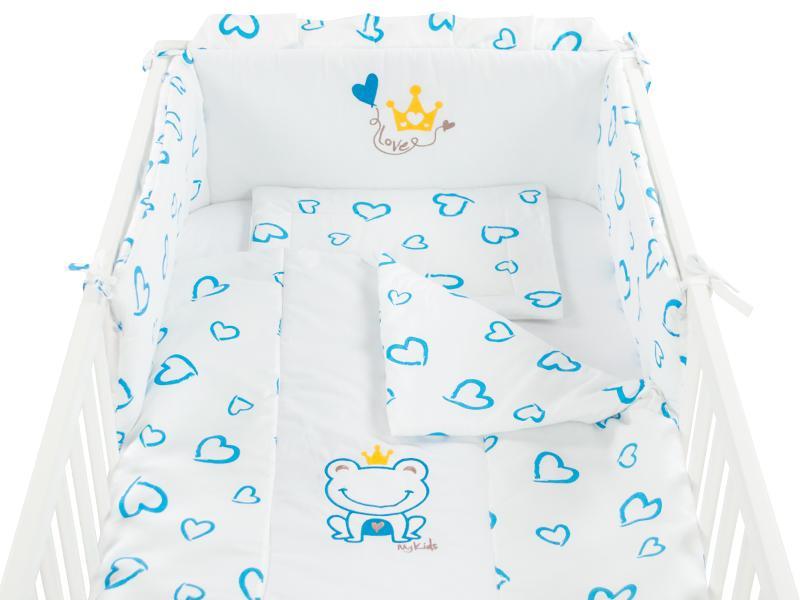 Lenjerie MyKids Cu Broderie Prince Inimi Albastru 4 Piese 140x70