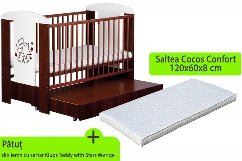 Patut cu sertar KLUPS Teddy with Stars Wenge + Saltea 8 Confort