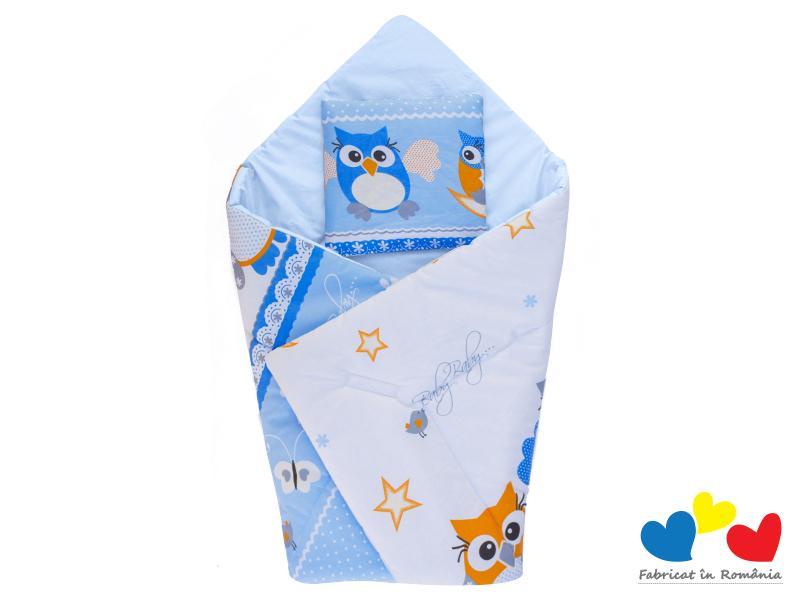 Perna infasat bebe MyKids cu pernita CADOU Bufnita Albastru