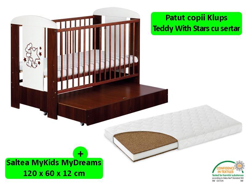 Patut Cu Sertar Klups Teddy With Stars Wenge + Saltea 12 MyKids MyDreams