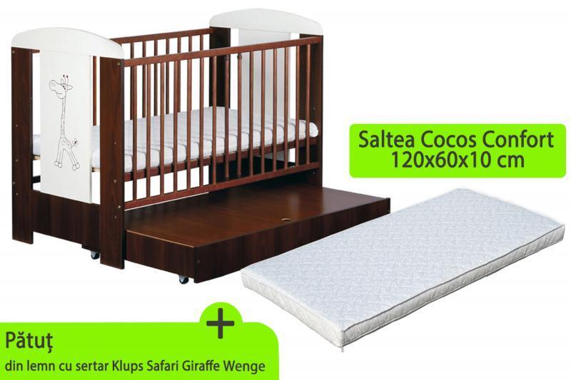 Patut cu sertar KLUPS Safari Giraffe Wenge + Saltea 10 Confort